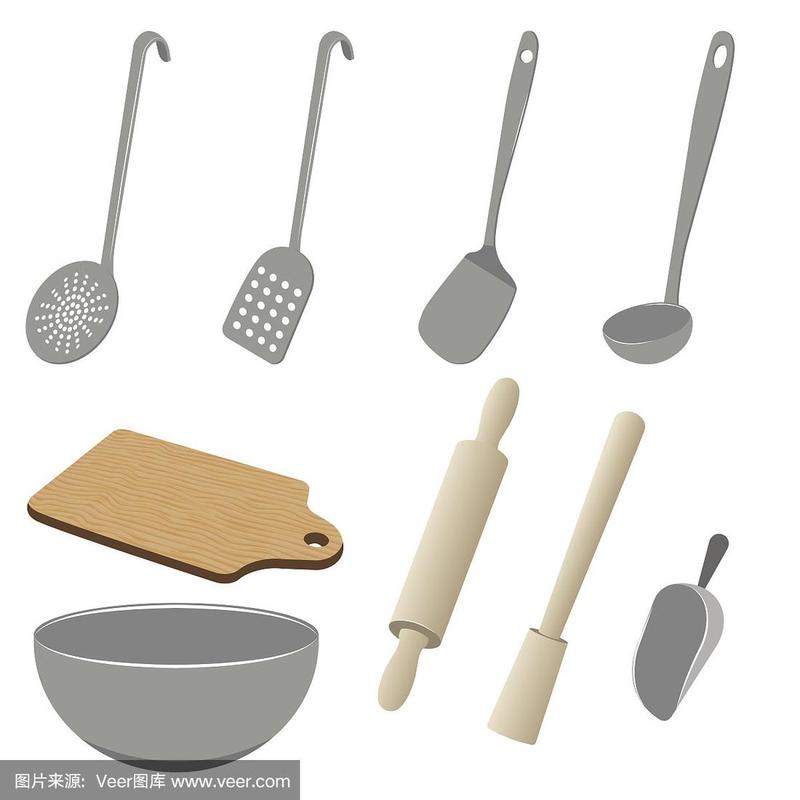 白色背景上的矢量厨房用具